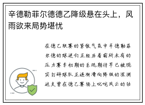 辛德勒菲尔德德乙降级悬在头上，风雨欲来局势堪忧
